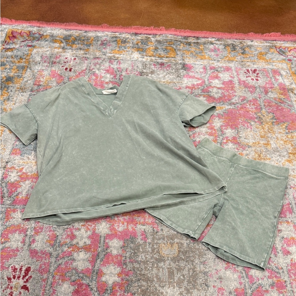 Green V-Neck T-Shirt and Shorts Set